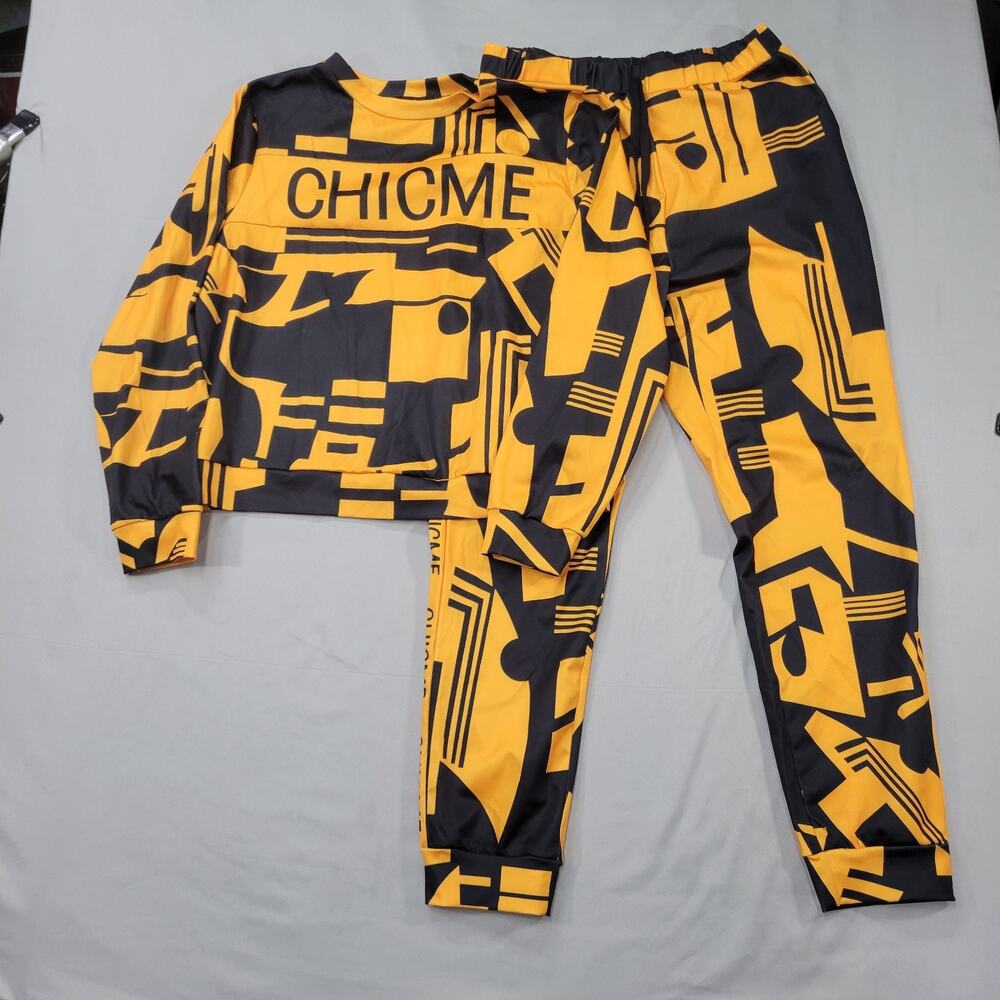 ChicMe Women's XL Yellow Black Graphic Lounge Tracksuit 2PC Jogger Casual Wear